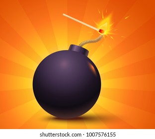 Vector illustration of a bomb and match in fire and sparks. Black bomb on orange background.