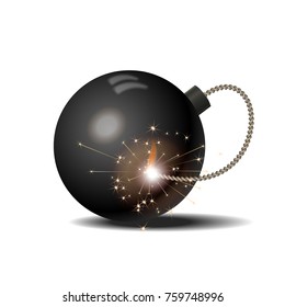 Vector illustration of a bomb and match in fire and sparks.