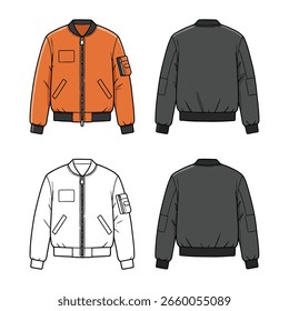 Ilustración vectorial de una chaqueta bomber en naranja, negro y contorno blanco. Vista frontal y posterior sobre un fondo blanco limpio.
