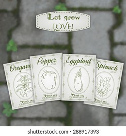 Vector Illustration Of Bonbonniere: Seed Packet Of Oregano, Spinach, Pepper And Eggplant On A Tile Backdrop