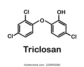 Ilustración vectorial de la fórmula molecular ósea de triclosán sobre fondo blanco.