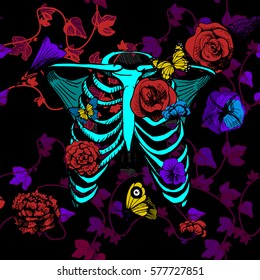 Vector illustration bones of chest surrounded and covered with plants, flowers, and butterflies. Bright neon colors