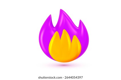Vector illustration of bonfire or campfire flame symbol on white background. 3d cartoon style design of burning flame of fire. Purple and yellow color glossy emoji fire for banner, poster, network