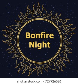 vector illustration of bonfire night greeting card with golden flames and fires circle on dark night background 