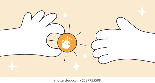 Vector illustration of a Bonk Crypto Transaction Represented by Hands Sharing a Orange BONK Cryptocurrency Token