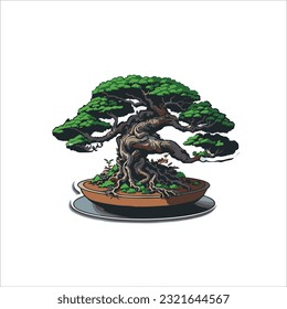 vector illustration of a bonsai plant, natural color, white background.