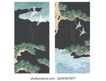 vector illustration of an bonsai tree background with hand drawn wave and cloud elements in oriental style. Gold texture.