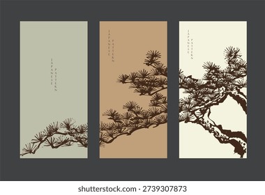 vector illustration of bonsai tree branch card design with Chinese painting in traditional style.	