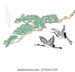 vector illustration of bonsai tree branch and crane birds element with Japanese art in traditional style	