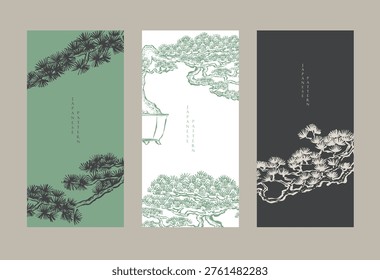 vector illustration of bonsai tree branch element with Chinese painting in traditional style.