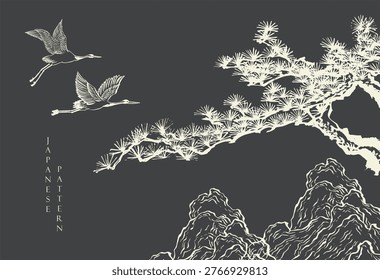 vector illustration of bonsai tree branch card design with Chinese painting in traditional style