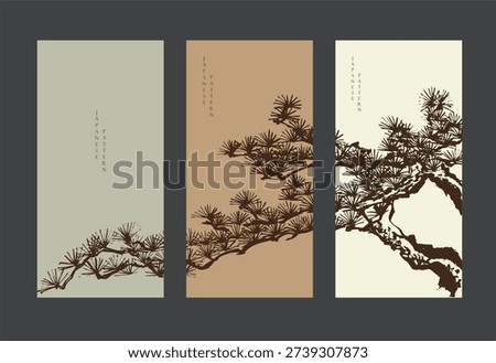 vector illustration of bonsai tree branch card design with Chinese painting in traditional style.	