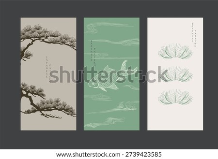 vector illustration of bonsai tree branchand fish element with Japanese art in traditional style.	