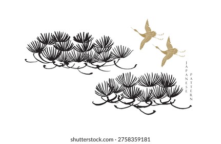 vector illustration of a bonsai tree and crane birds with hand drawn Japanee style.