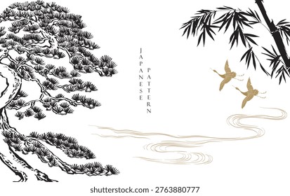 vector illustration of bonsai tree, crane birds and bamboo branch background. in traditional style.