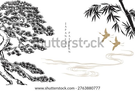 vector illustration of bonsai tree, crane birds and bamboo branch background. in traditional style.