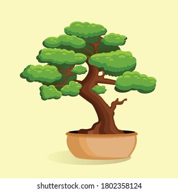 Vector illustration of bonsai tree in a pot on a yellow isolated background. Home miniature bonsai plant. Illustration for advertising, website, logo, banner, postcard, game, menu, application