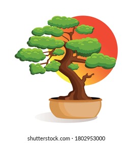 Vector illustration of a bonsai tree in a pot on the background of the sunset of the Japanese sun. Home miniature bonsai plant. Illustration for advertising, website, logo, banner, postcard, game.