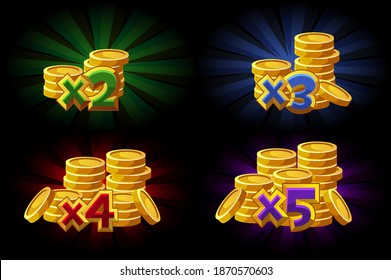 Ilustración vectorial de las monedas de bono X2, X3, X4, X5 en el juego. Aumento de bono para el ganador.
