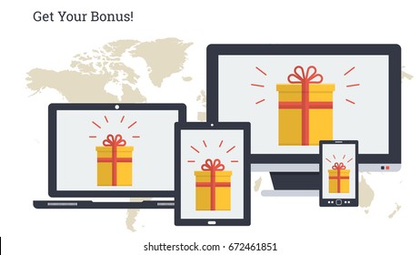 Vector illustration. Bonus in yellow gift box on monitors of various computers. Promotion, bonus, prize or winnings through computer, laptop, tablet and smart phone.Horizontal web banner in flat style