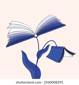 Vector illustration. Book blooms into flower, symbolizing the growth and beauty inspired by literature. Spark creativity and foster personal growth. Concept of knowledge, literature, education.