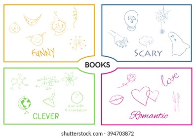 Vector illustration of book categories. Book genres. Horror and romance, science and humor.