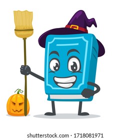 vector illustration of book character or mascot wearing witch costume and holding broom