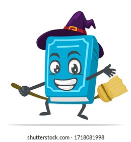 vector illustration of book character or mascot wearing witch costume and ride flying broom