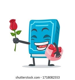 vector illustration of book character or mascot give flower and holding pink gift