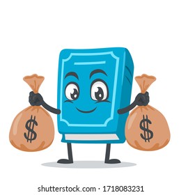 vector illustration of book character or mascot holding sacks of money