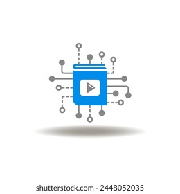 Vector illustration of book with circuit pattern and play button. Icon of elearning. Symbol of edtech.