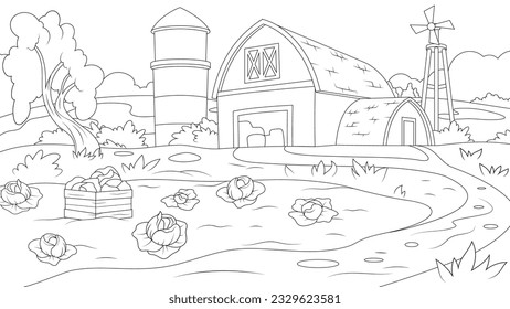Vector illustration, book coloring of cartoon farm