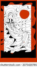 Vector illustration. Book cover. A woman in flight, in motion. Feminine power. Knowing yourself. Red and black. Metaphor. Long wavy hair. Long dress. Hand movement. wisdom and strength 