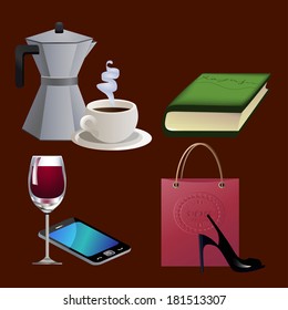 vector illustration of a book, a cup of coffee, coffemaker, shoes with a shopping bag, a glass of wine and a smartphone