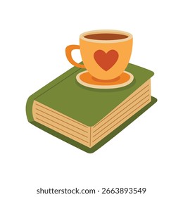 Vector illustration of a book with a cup standing on it. Isolated on a white background. Flat style design.