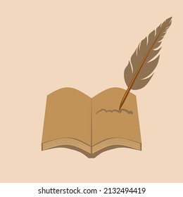 Vector Illustration Of Book, Diary, Novel, Ink, Writing With Quill Pen