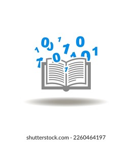 Vector illustration of book and digital numbers cloud. Icon of online education. Symbol of e-learning.