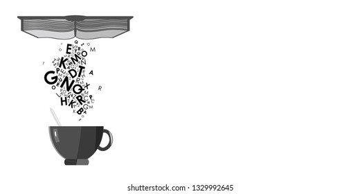 vector illustration of book with dropping letters and coffee cup