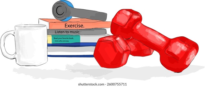 Vector illustration of a book, dumbbells and a cup