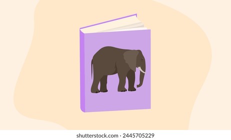 Ilustración vectorial de un libro con un elefante sobre un fondo rosa.