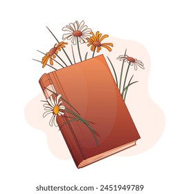 Vector illustration of book with flower. Hand drawn wildflowers. Composition for decoration of bookstore, library, card design, poster, banner