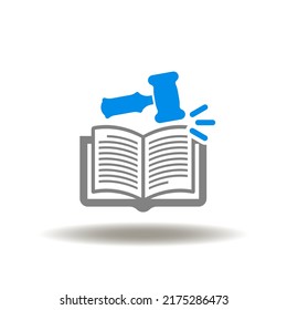 Vector illustration of book with gavel. Icon of law probate. Symbol of legacy. Sign of legal and justice.