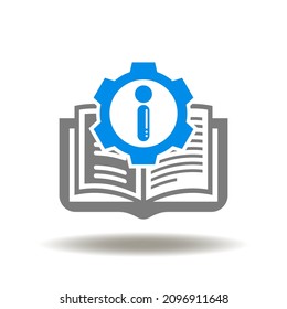 Vector illustration of book with gear and i letter. Symbol of user guide. Icon of guidebook manual.