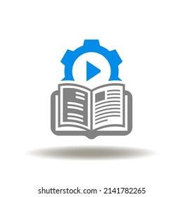 Vector illustration of book with gear and play button. Icon of online education. Symbol of e-learning.