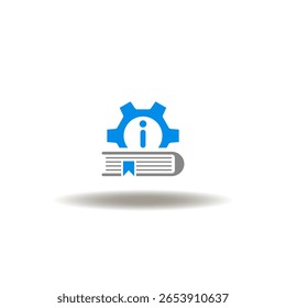 Ilustração vetorial de livro e roda de engrenagens com i letra. Símbolo da informação técnica. Ícone do manual do usuário, instruções.