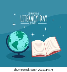 Ilustración vectorial, libro y globo, como pancarta, afiche o plantilla, Día Internacional de la Alfabetización.