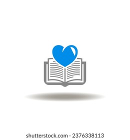 Vector illustration of book with heart sign. Icon of book festival. Symbol of education.