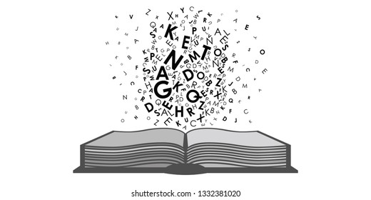 vector illustration of book with jumping letters storytelling plot concept