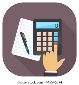 Vector illustration of Book keeping and tax accounts flat icon.
Accounting intent icon long shadow.
Finances icon.