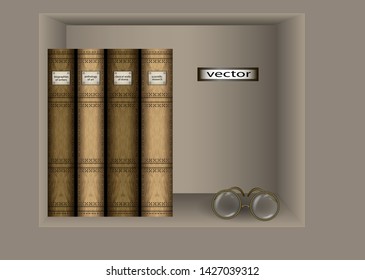 Vector Illustration Of A Book In A Leather Bound Stand On A Bookshelf, Glasses With Thick Glasses In A Thin Copper Frame